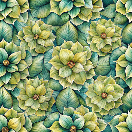 green, teal, yellow, lime green, sage green, floral pattern, euphorbia flowers, botanical design, layered petals, brown centers, quilting cotton, fabric panel, seamless repeat, nature motif, overlapping leaves, watercolor style, realistic flowers, craft fabric, sewing material, garden theme