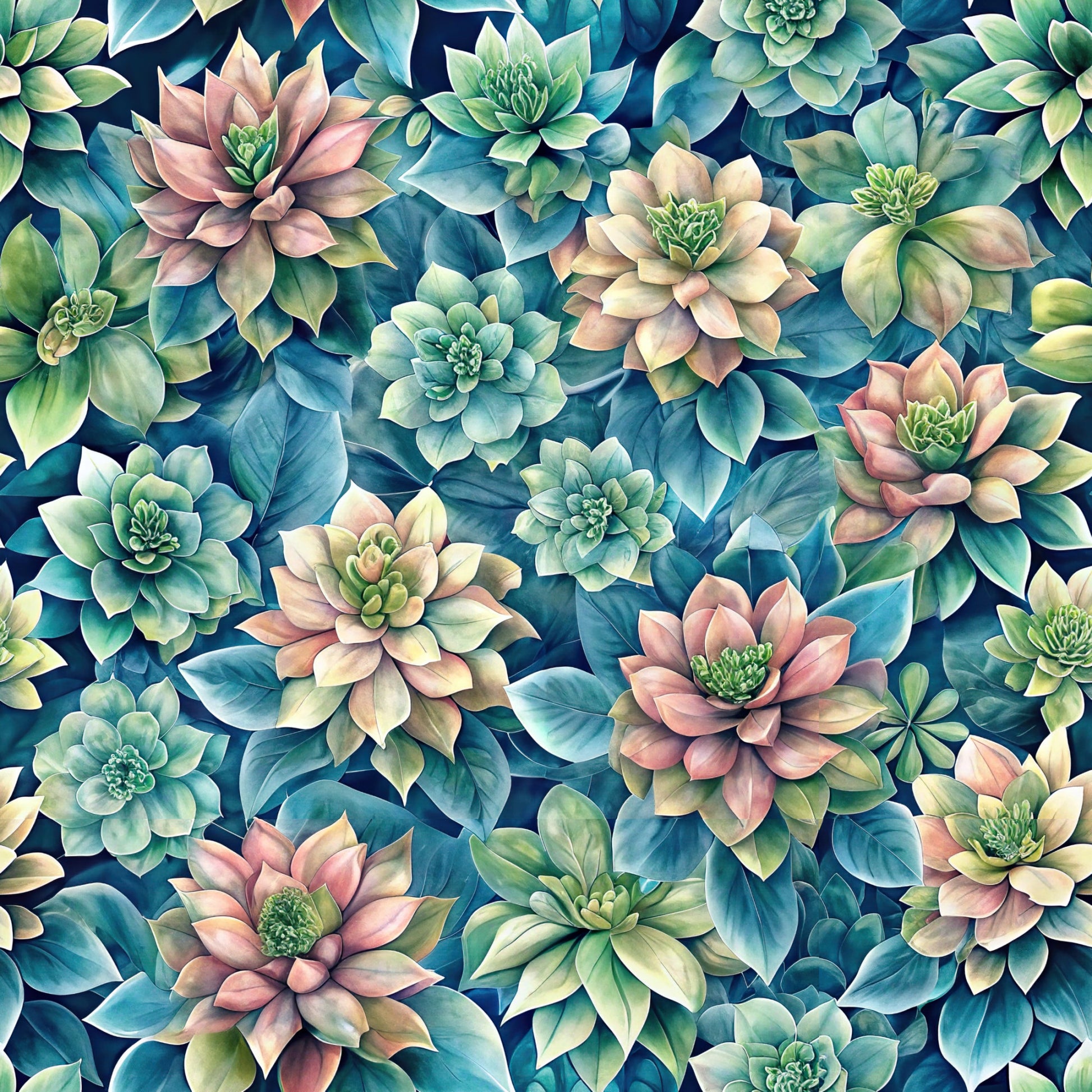 beautiful flowers, euphorbia succulents, botanical pattern, teal blue, sage green, coral pink, cream white, navy background, floral design, succulent plants, quilting cotton, fabric panel, watercolor style, nature motif, garden theme, layered petals, organic shapes, seamless repeat, spring colors, artistic illustration