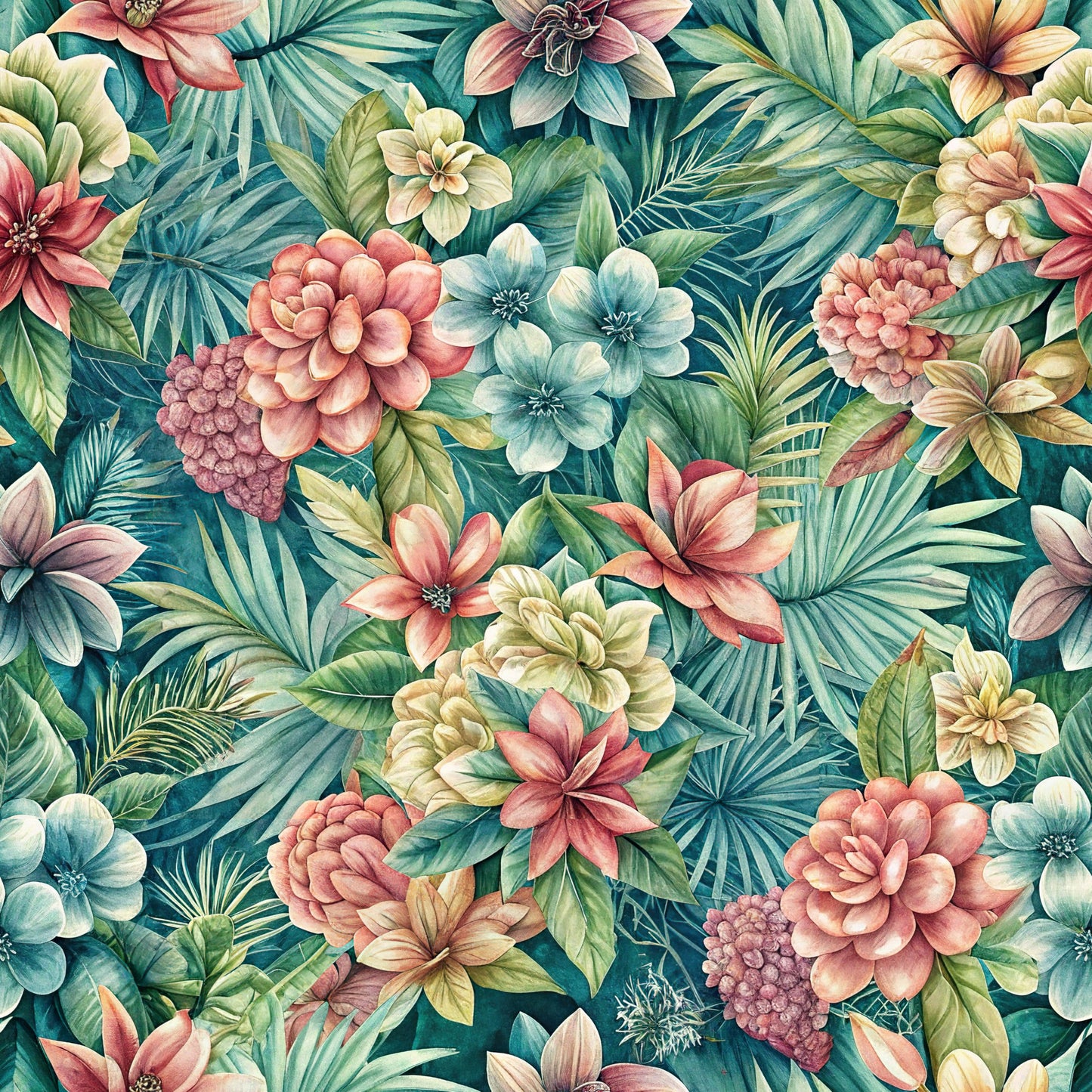 tropical flowers, euphorbias, coral pink, teal blue, sage green, cream white, botanical pattern, lush foliage, palm fronds, layered petals, quilting cotton, fabric panel, watercolor style, dense floral, exotic blooms, leafy background, nature motifs, seamless repeat, vibrant colors, garden florals