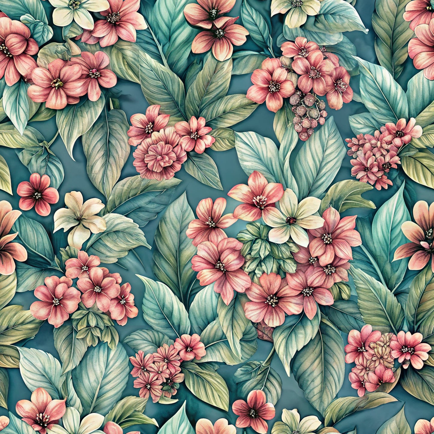 teal background, coral pink flowers, sage green leaves, tropical botanical, floral pattern, quilting cotton, fabric panel, watercolor style, hibiscus blooms, lush foliage, vintage florals, seamless repeat, botanical illustration, soft pastels, garden flowers, nature inspired, romantic florals, spring blooms, textile design