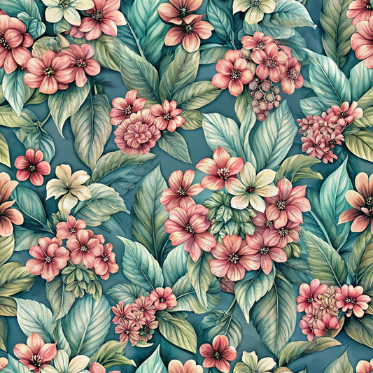 teal background, coral pink flowers, sage green leaves, tropical botanical, floral pattern, quilting cotton, fabric panel, watercolor style, hibiscus blooms, lush foliage, vintage florals, seamless repeat, botanical illustration, soft pastels, garden flowers, nature inspired, romantic florals, spring blooms, textile design