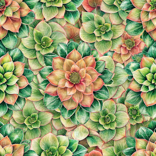 forest green, coral pink, sage green, lime green, peachy orange, euphorbia flowers, succulent pattern, botanical design, floral motif, layered petals, nature inspired, quilting cotton, fabric panel, watercolor style, artistic rendering, garden theme, spring colors, seamless pattern, dense floral, realistic flowers