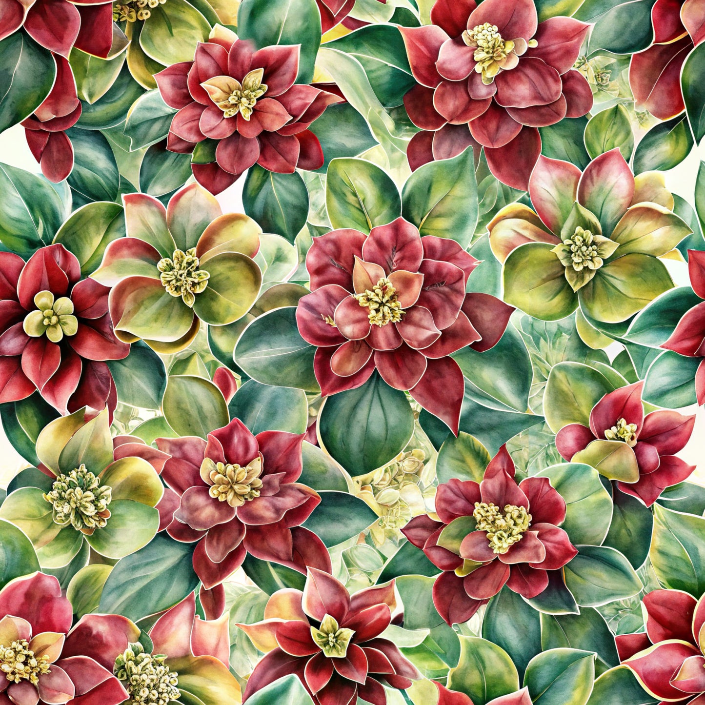 beautiful flowers, euphorbia blooms, burgundy red, forest green, golden yellow, cream petals, watercolor style, botanical pattern, floral design, quilting cotton, fabric panel, layered petals, nature motif, seamless repeat, artistic florals, soft shading, multi-colored blooms, garden flowers, crafting fabric
