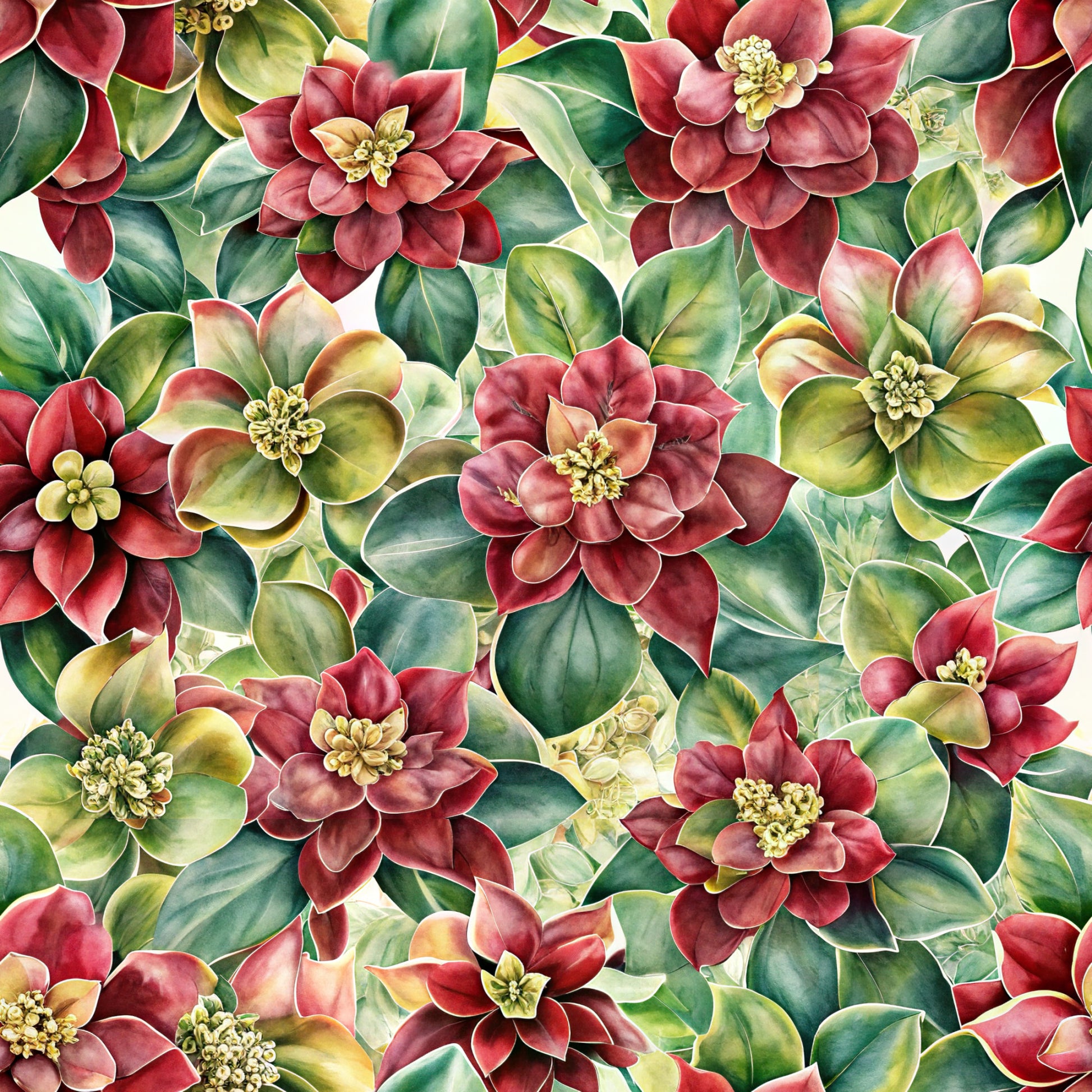 beautiful flowers, euphorbia blooms, burgundy red, forest green, golden yellow, cream petals, watercolor style, botanical pattern, floral design, quilting cotton, fabric panel, layered petals, nature motif, seamless repeat, artistic florals, soft shading, multi-colored blooms, garden flowers, crafting fabric