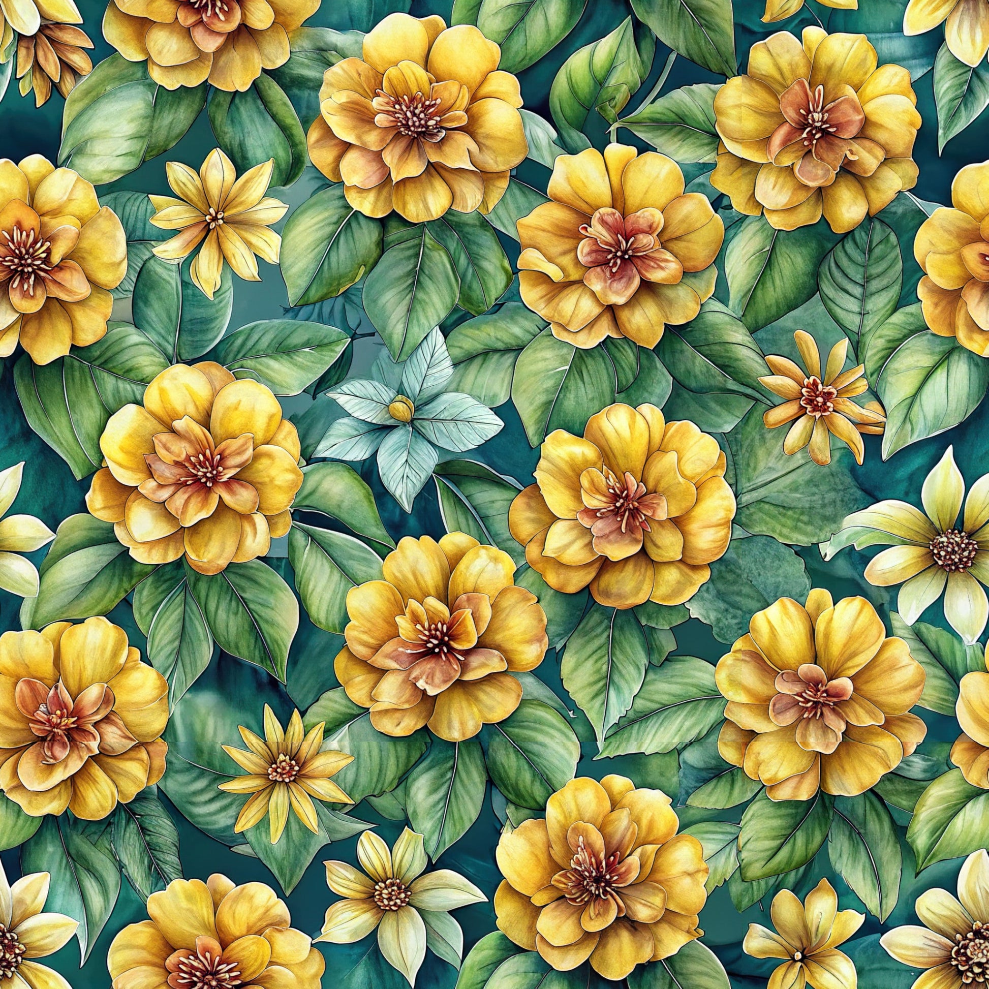 golden yellow flowers, teal background, green leaves, floral pattern, botanical design, euphorbias, layered petals, quilting cotton, fabric panel, tropical blooms, watercolor style, seamless repeat, nature motif, craft fabric, sewing material, vibrant florals, decorative flowers, artistic rendering, quilting project, cotton textile