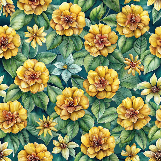 golden yellow flowers, teal background, green leaves, floral pattern, botanical design, euphorbias, layered petals, quilting cotton, fabric panel, tropical blooms, watercolor style, seamless repeat, nature motif, craft fabric, sewing material, vibrant florals, decorative flowers, artistic rendering, quilting project, cotton textile