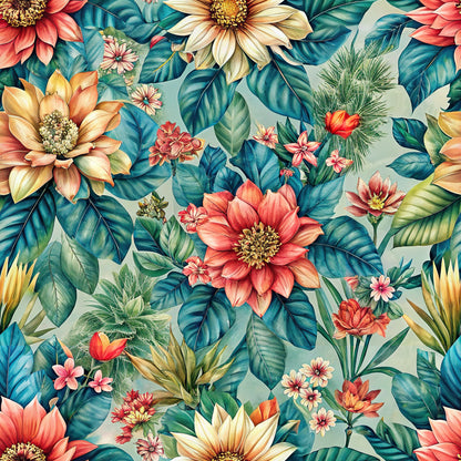 tropical flowers, coral blooms, teal leaves, cream background, botanical pattern, large florals, quilting cotton, fabric panel, watercolor style, exotic petals, golden centers, pink blossoms, green foliage, floral motifs, nature design, vibrant colors, tropical paradise, blooming flowers, artistic rendering, cotton fabric