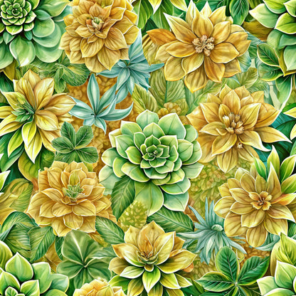floral pattern, yellow flowers, green leaves, euphorbia, succulent plants, botanical design, golden blooms, lime green, forest green, teal accents, layered petals, nature motif, quilting cotton, fabric panel, tropical plants, dense floral, vibrant colors, garden theme, artistic illustration, seamless repeat