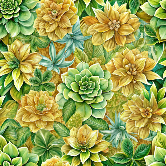 floral pattern, yellow flowers, green leaves, euphorbia, succulent plants, botanical design, golden blooms, lime green, forest green, teal accents, layered petals, nature motif, quilting cotton, fabric panel, tropical plants, dense floral, vibrant colors, garden theme, artistic illustration, seamless repeat