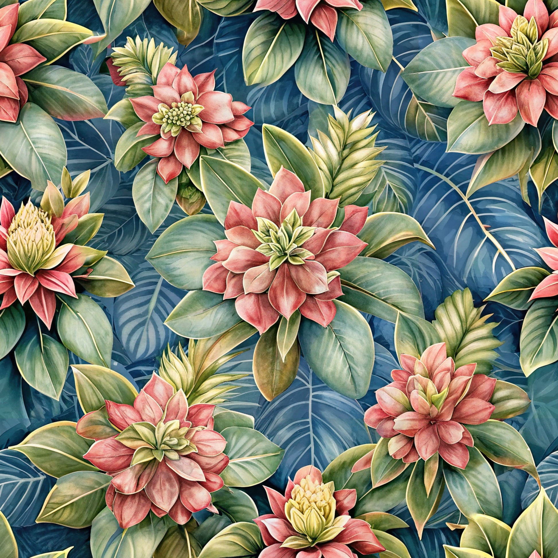 coral pink flowers, navy blue background, tropical leaves, botanical pattern, euphorbia blooms, green foliage, quilting cotton, fabric panel, floral design, exotic flowers, layered petals, naturalistic style, vibrant colors, repeating motif, textile print, crafting material, sewing fabric, botanical illustration, tropical theme, decorative florals