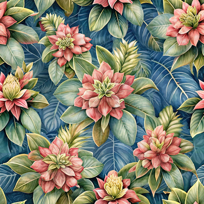 coral pink flowers, navy blue background, tropical leaves, botanical pattern, euphorbia blooms, green foliage, quilting cotton, fabric panel, floral design, exotic flowers, layered petals, naturalistic style, vibrant colors, repeating motif, textile print, crafting material, sewing fabric, botanical illustration, tropical theme, decorative florals