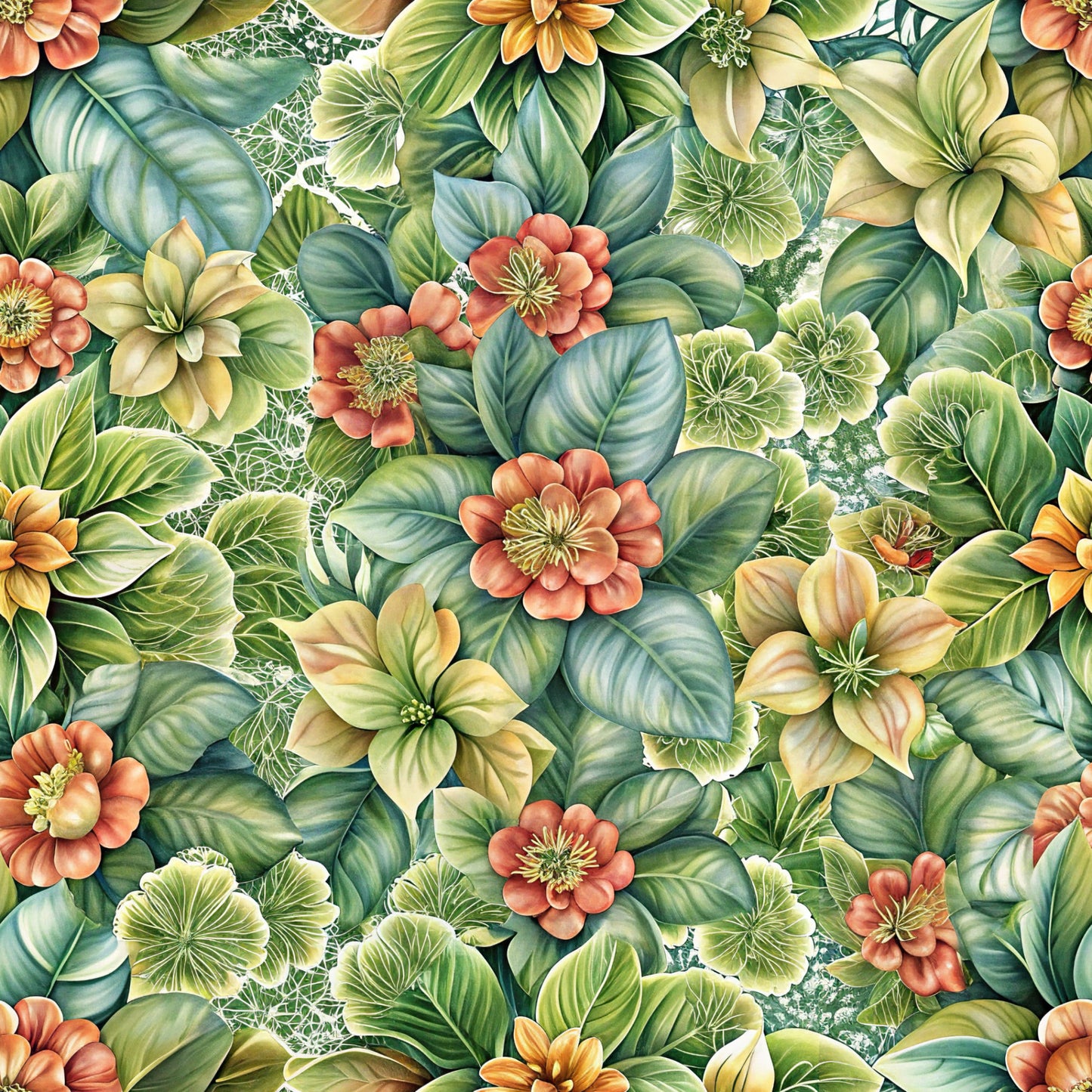 botanical floral, euphorbia flowers, coral blooms, sage green leaves, teal foliage, cream petals, orange flowers, tropical pattern, lush foliage, quilting cotton, fabric panel, nature motif, detailed illustration, layered botanicals, realistic flowers, garden theme, flowing design, organic shapes, vintage botanical, dense florals