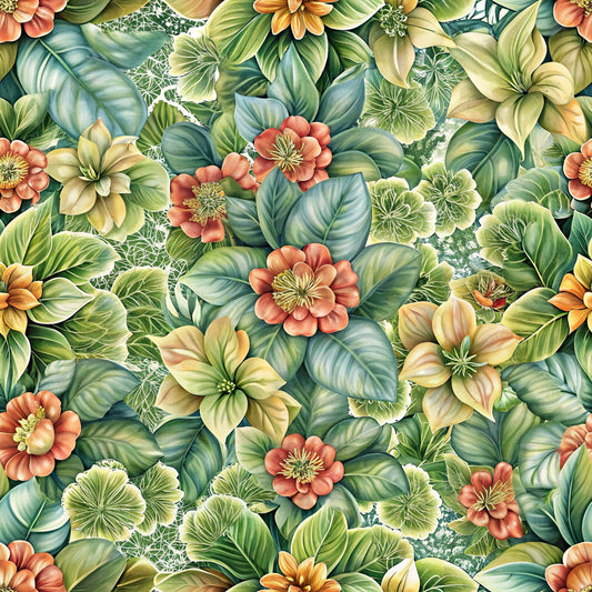 botanical floral, euphorbia flowers, coral blooms, sage green leaves, teal foliage, cream petals, orange flowers, tropical pattern, lush foliage, quilting cotton, fabric panel, nature motif, detailed illustration, layered botanicals, realistic flowers, garden theme, flowing design, organic shapes, vintage botanical, dense florals