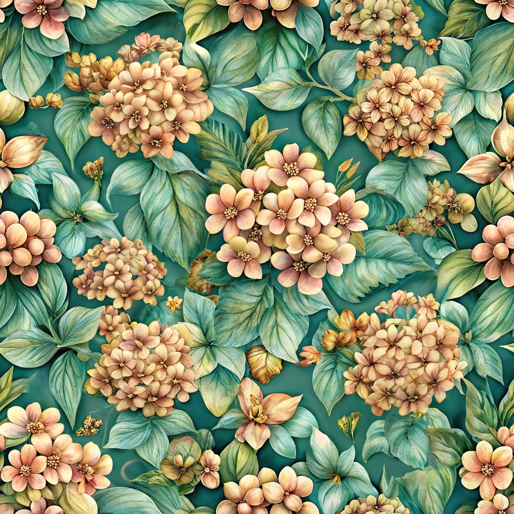 teal background, coral flowers, peach blooms, sage green leaves, floral pattern, botanical design, hydrangea clusters, small blossoms, vintage style, romantic mood, quilting cotton, fabric panel, spring flowers, nature motif, soft pastels, detailed florals, seamless repeat, garden theme, watercolor effect