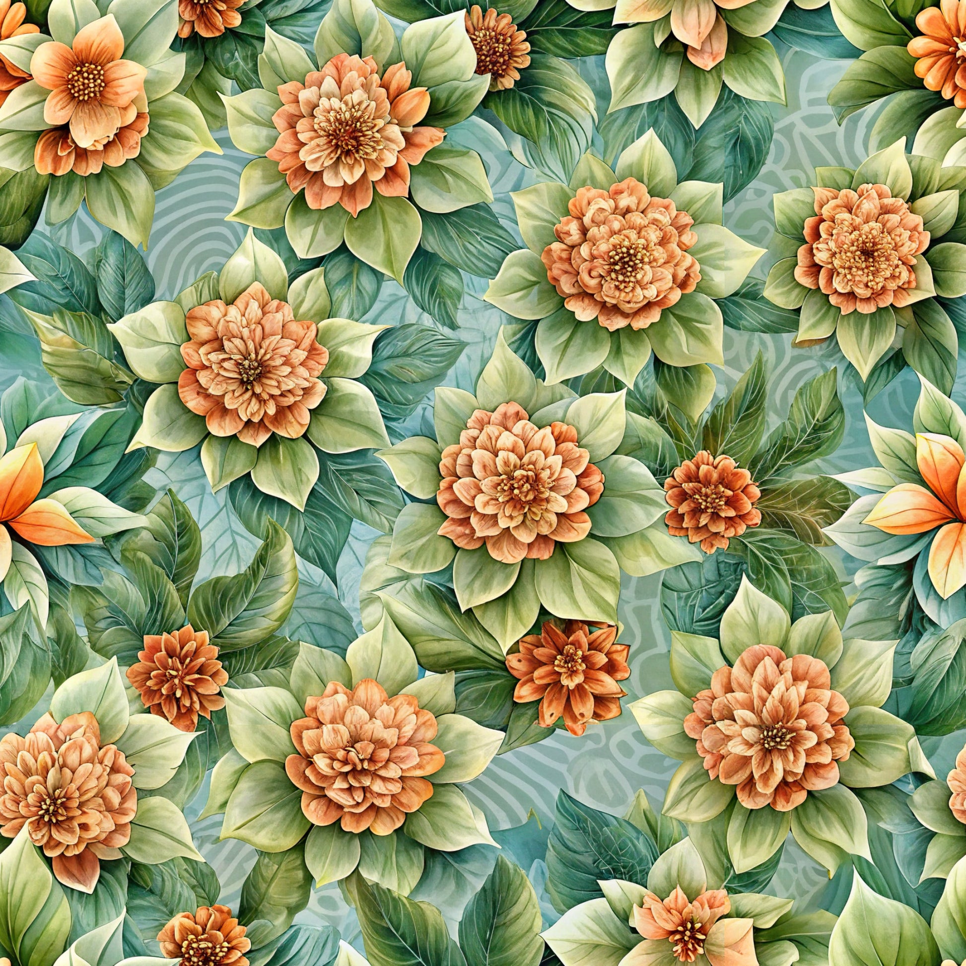 coral flowers, peach blooms, green leaves, botanical pattern, floral design, quilting cotton, fabric panel, tropical foliage, orange petals, sage green, teal background, dahlia flowers, layered petals, nature motif, garden theme, warm colors, cool tones, detailed illustration, seamless repeat, botanical art