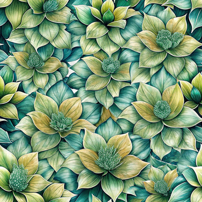 green flowers, teal petals, sage green, botanical pattern, euphorbia blooms, floral design, quilting cotton, fabric panel, nature motif, layered petals, seamless repeat, artistic illustration, garden flowers, botanical art, crafting material, sewing fabric, decorative blooms, natural colors, organic pattern, textile design