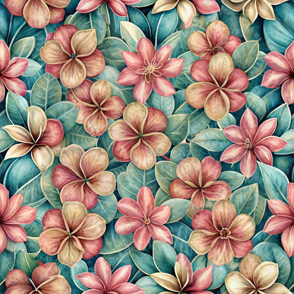 tropical flowers, plumeria blooms, coral pink, teal blue, golden yellow, cream white, botanical pattern, hawaiian florals, watercolor style, seamless design, quilting cotton, fabric panel, five petal flowers, lush foliage, paradise theme, summer vibes, floral motifs, soft pastels, tropical paradise, euphoric blossoms