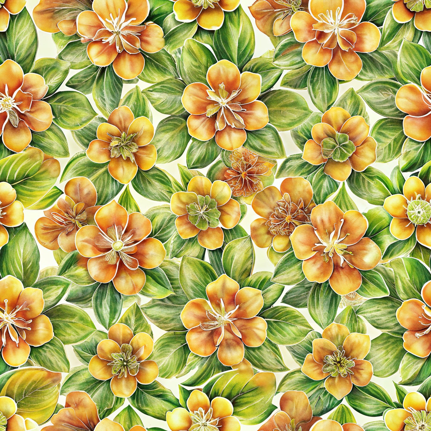 orange flowers, golden yellow, green leaves, botanical pattern, tropical blooms, floral design, quilting cotton, fabric panel, seamless repeat, watercolor style, hibiscus flowers, leafy foliage, warm tones, summer vibes, nature motif, tropical paradise, artistic florals, vibrant botanicals, garden flowers, flowing pattern