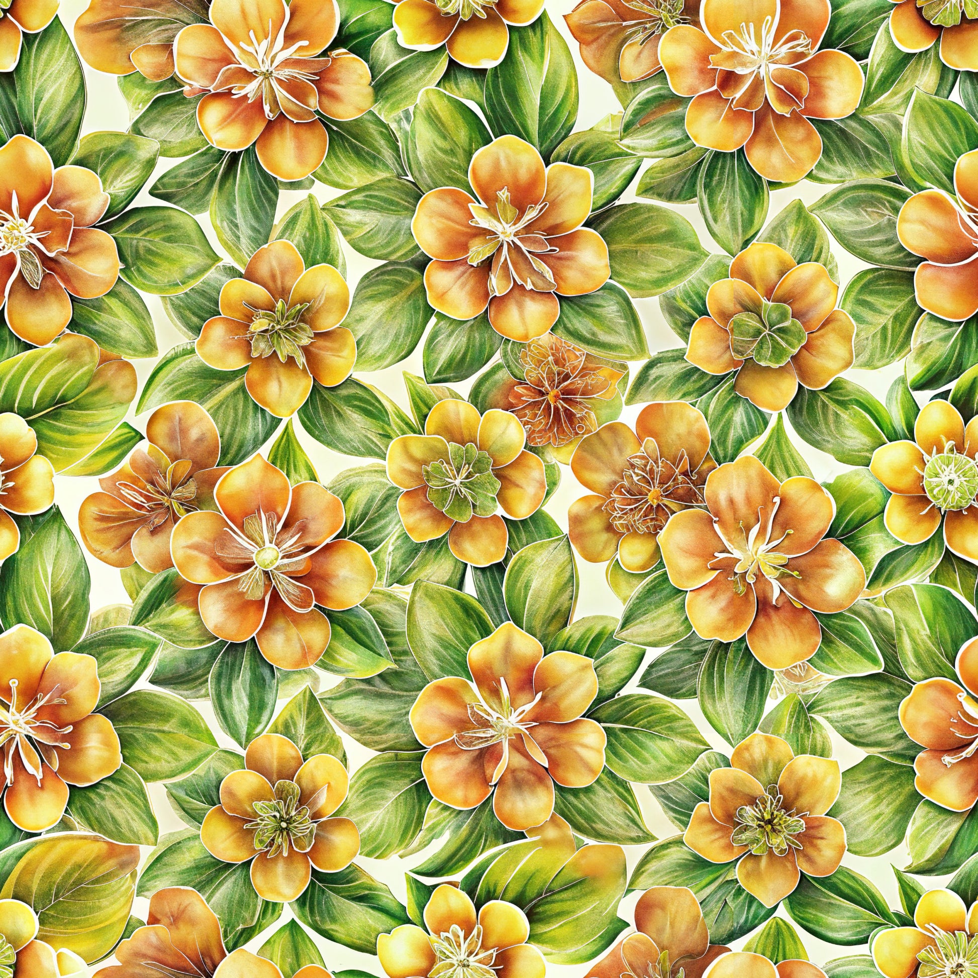 orange flowers, golden yellow, green leaves, botanical pattern, tropical blooms, floral design, quilting cotton, fabric panel, seamless repeat, watercolor style, hibiscus flowers, leafy foliage, warm tones, summer vibes, nature motif, tropical paradise, artistic florals, vibrant botanicals, garden flowers, flowing pattern