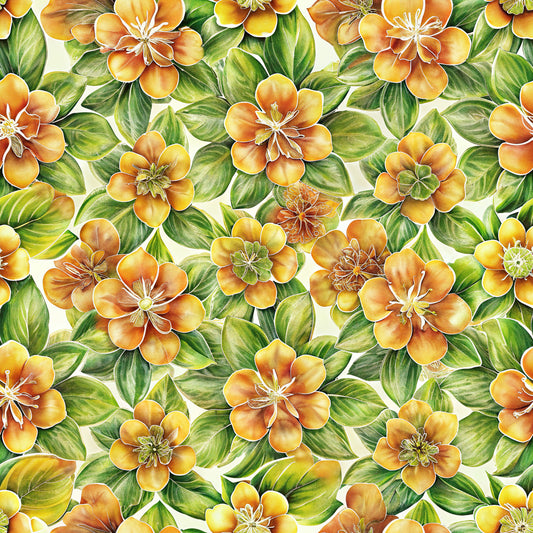 orange flowers, golden yellow, green leaves, botanical pattern, tropical blooms, floral design, quilting cotton, fabric panel, seamless repeat, watercolor style, hibiscus flowers, leafy foliage, warm tones, summer vibes, nature motif, tropical paradise, artistic florals, vibrant botanicals, garden flowers, flowing pattern
