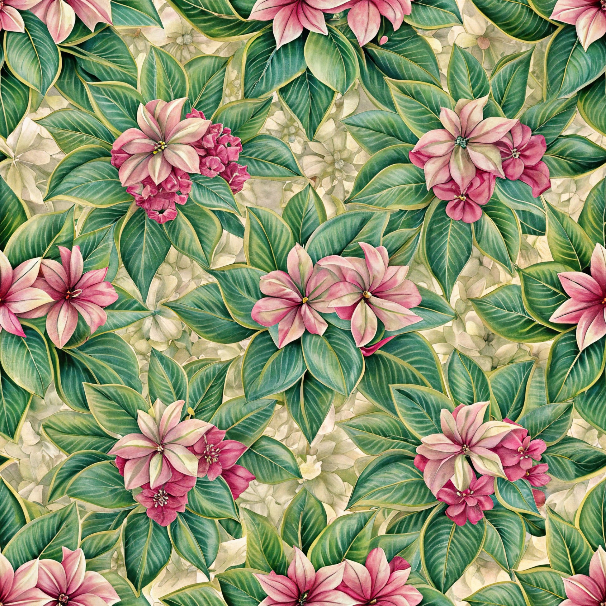 pink flowers, green leaves, tropical blooms, botanical pattern, floral design, quilting cotton, fabric panel, coral pink, emerald green, cream background, euphorbia flowers, lush foliage, tropical paradise, nature motif, seamless repeat, vibrant colors, garden flowers, spring blooms, botanical illustration, tropical style