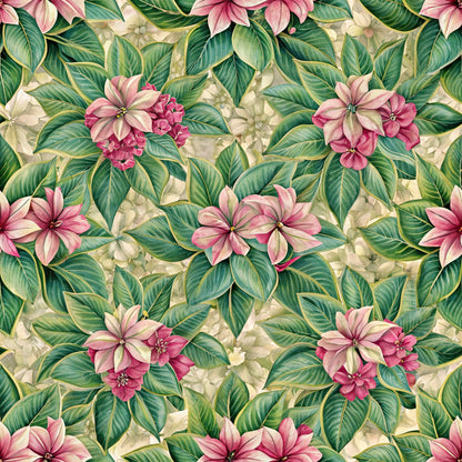 pink flowers, green leaves, tropical blooms, botanical pattern, floral design, quilting cotton, fabric panel, coral pink, emerald green, cream background, euphorbia flowers, lush foliage, tropical paradise, nature motif, seamless repeat, vibrant colors, garden flowers, spring blooms, botanical illustration, tropical style
