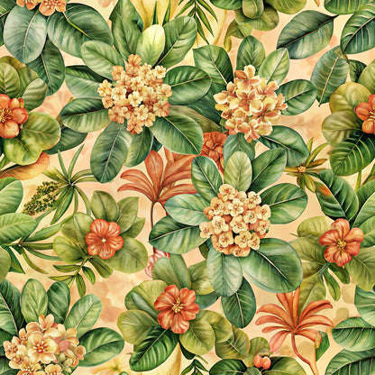 beautiful flowers, euphorbia blooms, tropical pattern, coral flowers, peach blossoms, green foliage, lush leaves, botanical design, floral clusters, warm colors, orange petals, cream background, nature motif, quilting cotton, fabric panel, tropical vibes, garden flowers, spring blooms, vibrant florals, repeating pattern