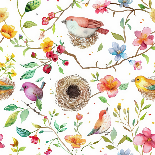 Illustrated birds, flowers, leaves, and a nest on a white background.