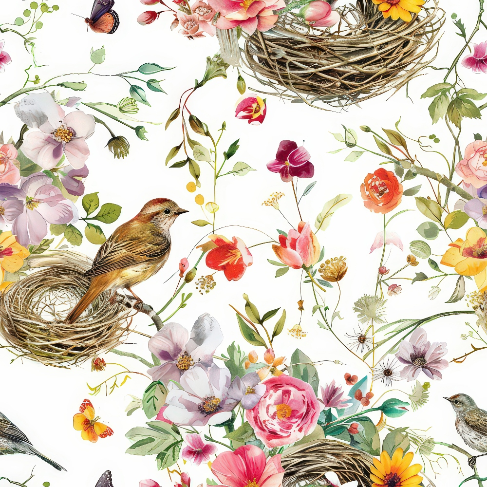 Illustration of two birds in nests surrounded by various colorful flowers and butterflies on a white background.