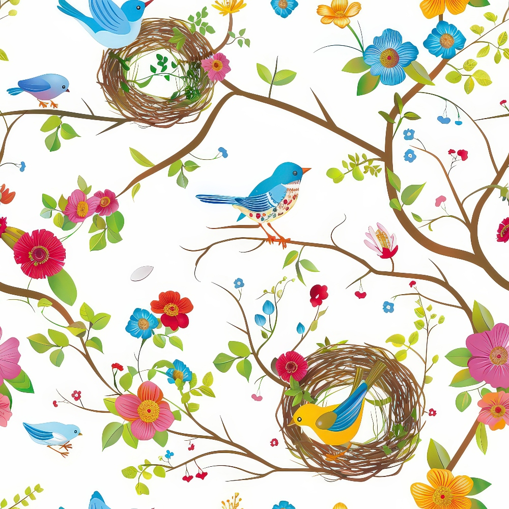 Illustration of birds perched on branches with nests surrounded by colorful flowers and leaves on a white background.