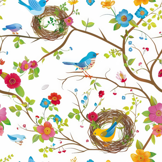 Illustration of birds perched on branches with nests surrounded by colorful flowers and leaves on a white background.