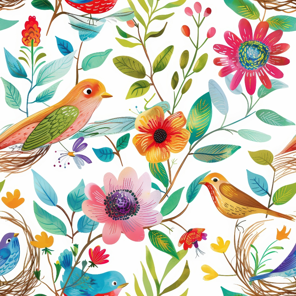 birds, flowers, nest, branches, colorful, pink, orange, blue, green, yellow, floral pattern, nature scene, whimsical, folk art style, quilting cotton, fabric panel, botanical, songbirds, spring theme, cheerful