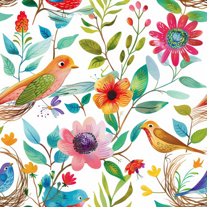 birds, flowers, nest, branches, colorful, pink, orange, blue, green, yellow, floral pattern, nature scene, whimsical, folk art style, quilting cotton, fabric panel, botanical, songbirds, spring theme, cheerful