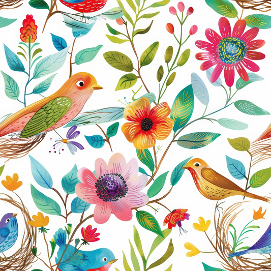 Colorful illustration of birds perched among branches with vibrant flowers and leaves on a white background.