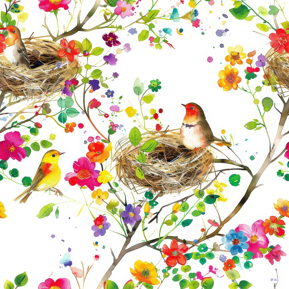 Colorful illustration of birds on branches with nests surrounded by vibrant flowers and leaves.