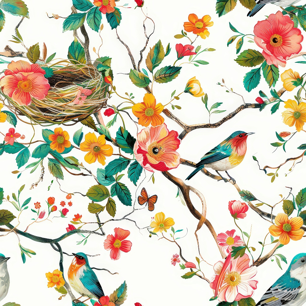 Illustration of colorful birds, floral branches, and a nest with eggs. Includes vibrant flowers, leaves, and a butterfly on a white background.