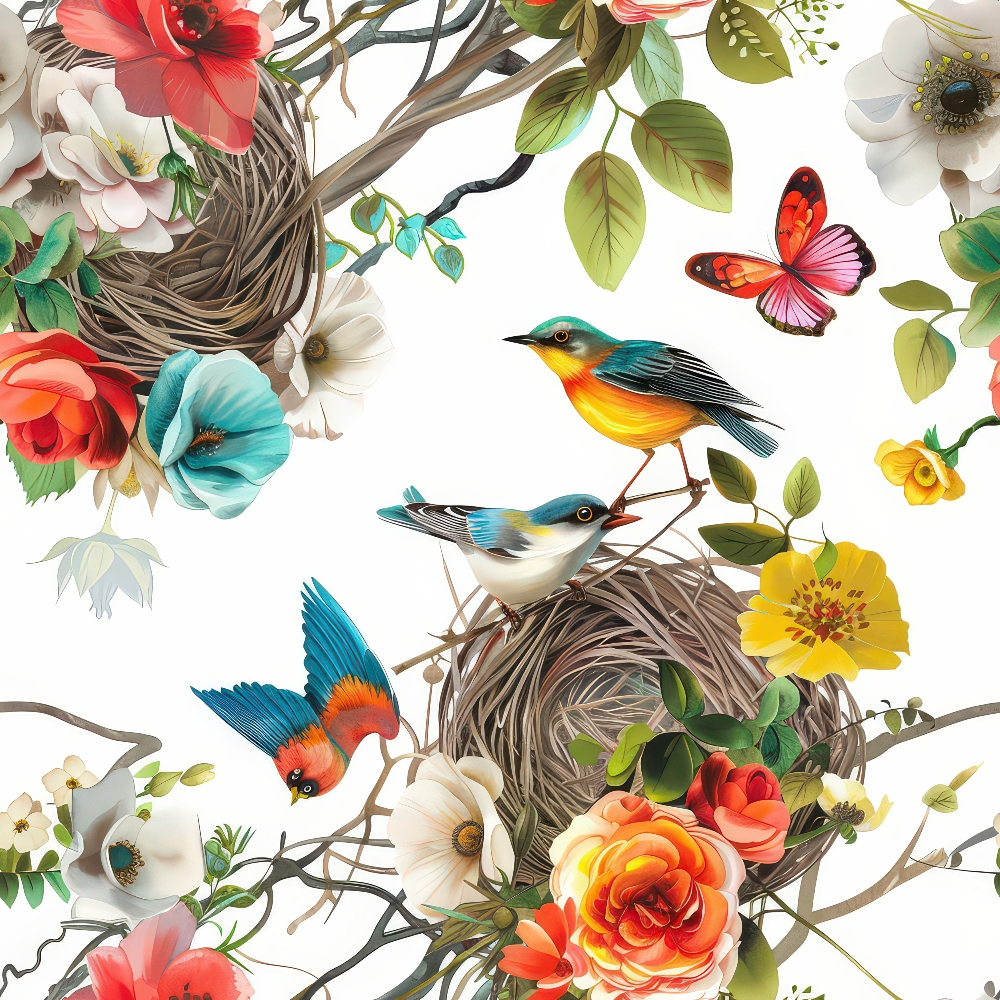 Two colorful birds perched on a nest surrounded by vibrant flowers and a butterfly on a white background.