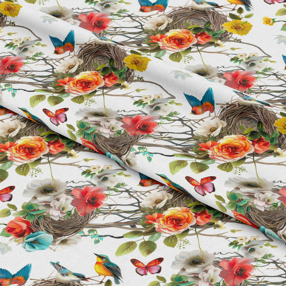 Birds Nest and Flowers Pattern 4 Quilting Cotton Fabric