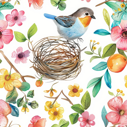bird nest, watercolor flowers, small songbird, pink blooms, yellow flowers, green leaves, orange fruit, blue feathers, floral pattern, nature scene, spring theme, botanical illustration, quilting cotton, fabric panel, delicate artwork, pastel colors, whimsical design, garden motif, twiggy nest, coral petals