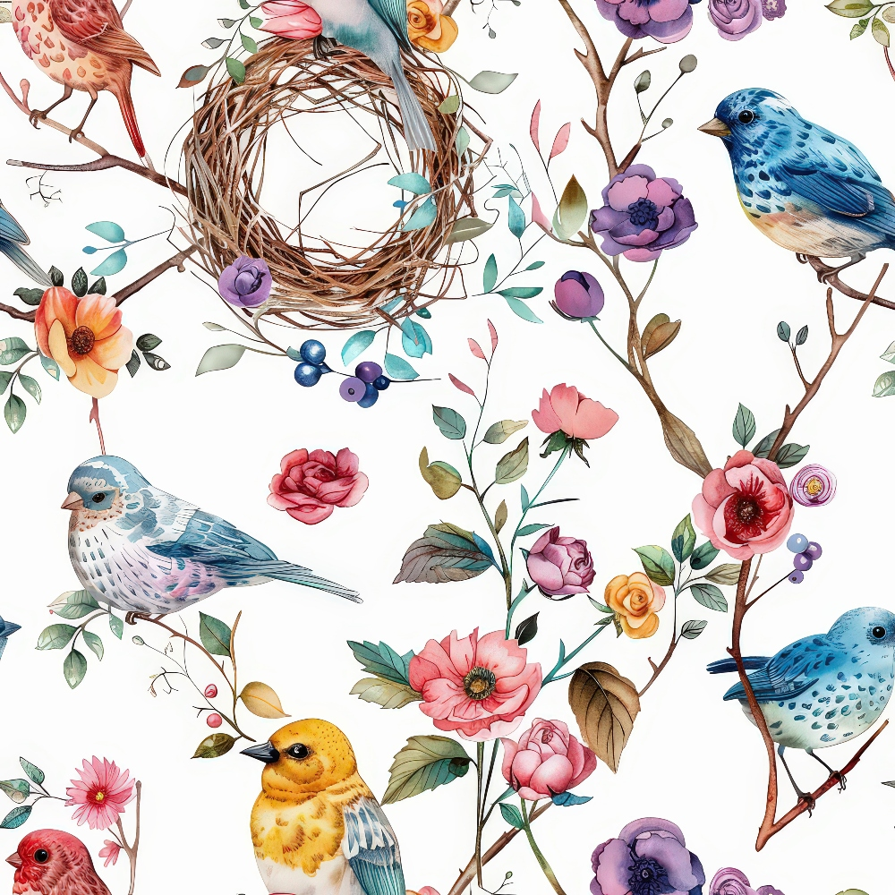 A seamless floral pattern featuring colorful birds, flowers, and a nest on a white background.