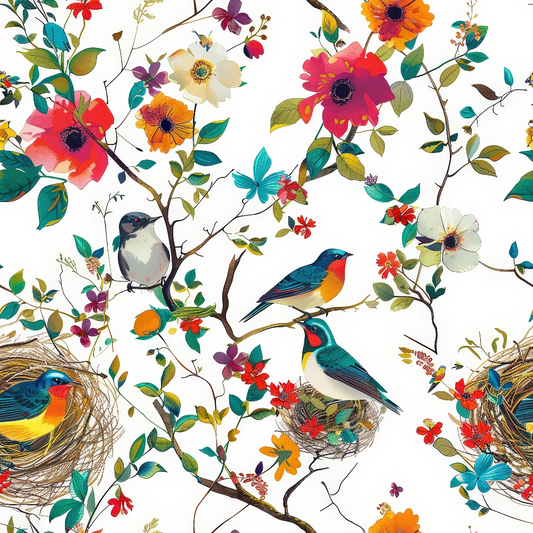 Illustration of colorful birds perched on tree branches with nests, surrounded by vibrant flowers and leaves.