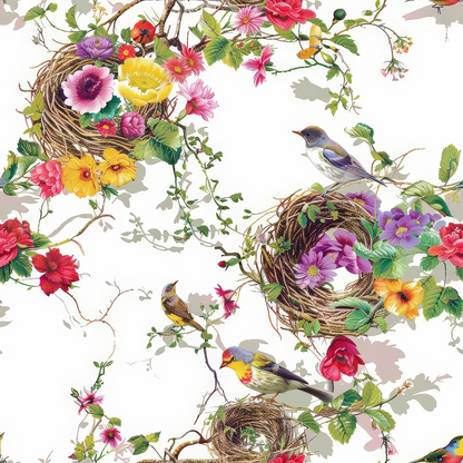 birds, nests, flowers, floral pattern, pink, yellow, purple, red, green, brown, white background, quilting cotton, fabric panel, songbirds, botanical, woven nests, colorful blooms, nature theme, spring motif, vibrant colors, garden birds, twigs, leaves