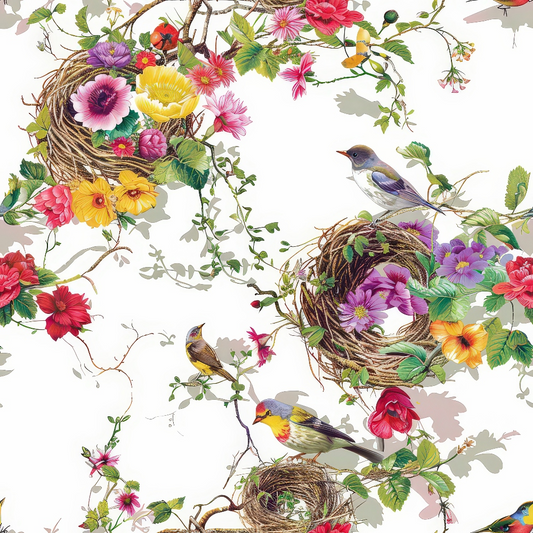 Illustration of birds on flower-adorned nests with bright blossoms and leaves, set against a white background.