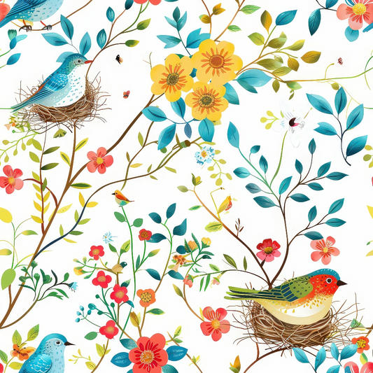 Illustration of birds in nests among colorful flowers and branches. Various insects, including bees and butterflies, are scattered throughout the scene.