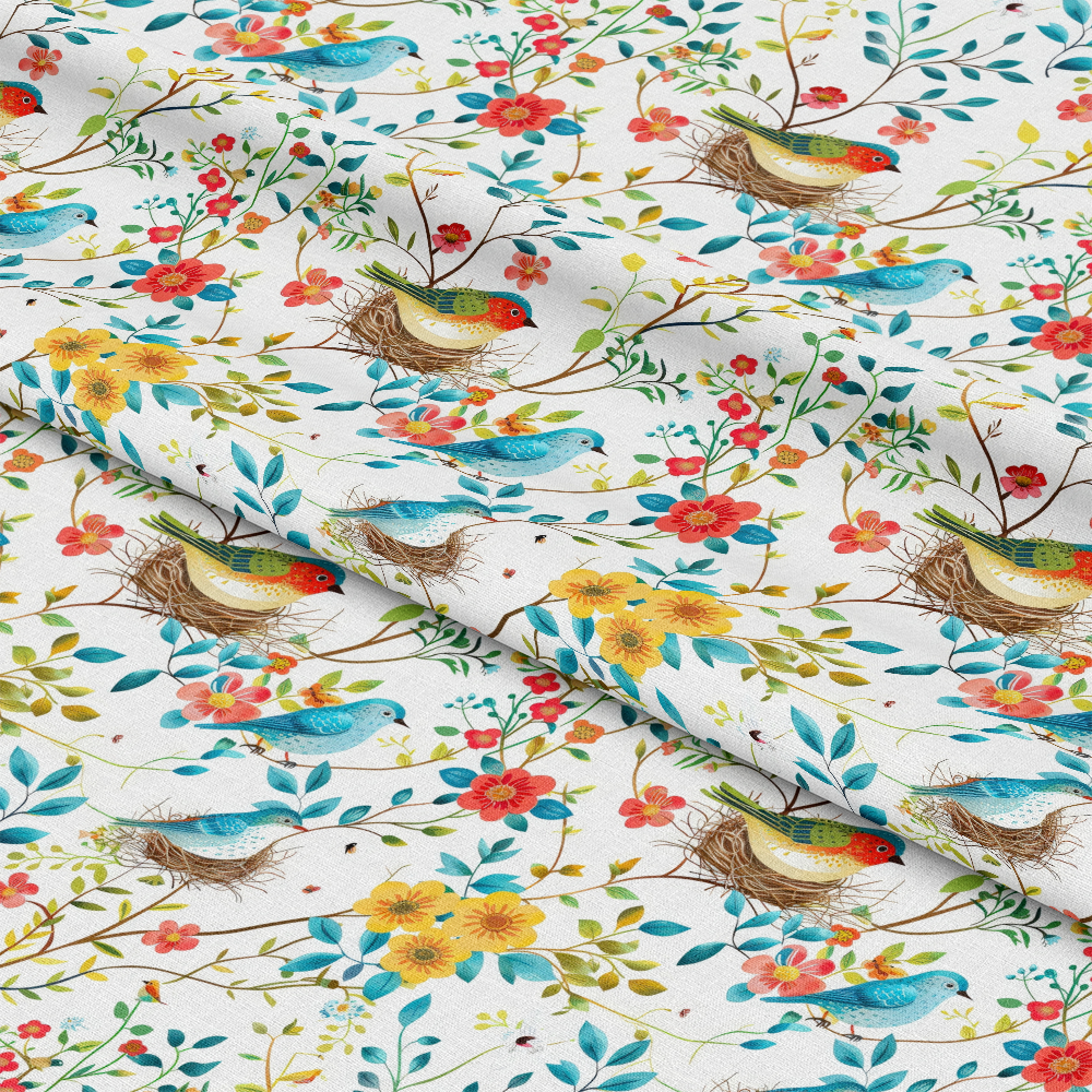 • Birds Nest and Flowers Pattern 9 Quilting Cotton Fabric • floral design • bird motifs • nests • spring colors • coral flowers • yellow blooms • turquoise leaves • green foliage • white background • cotton textile • quilting fabric • nature-inspired print • garden theme • vibrant colors