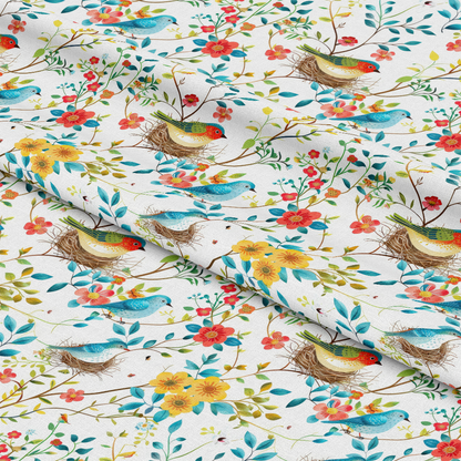 • Birds Nest and Flowers Pattern 9 Quilting Cotton Fabric • floral design • bird motifs • nests • spring colors • coral flowers • yellow blooms • turquoise leaves • green foliage • white background • cotton textile • quilting fabric • nature-inspired print • garden theme • vibrant colors