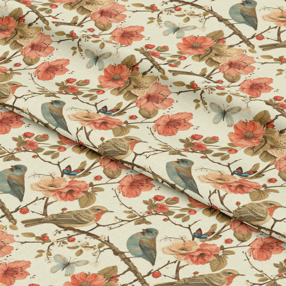 - Birds on Branches Pattern 6 Quilting Cotton Fabric  
- Cotton textile  
- Quilting material  
- Floral blossoms  
- Pink flowers  
- Brown branches  
- Blue and beige birds  
- Butterflies  
- Nature-inspired design  
- Soft beige background  
- Craft fabric  
- Lightweight cotton  
- Decorative print