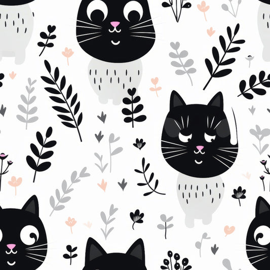 Black and White Cats Pattern 1 Quilting Cotton Fabric