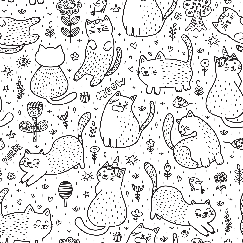 Pattern of hand-drawn cats in various poses surrounded by flowers, birds, and the words meow and purr. Black and white illustration.