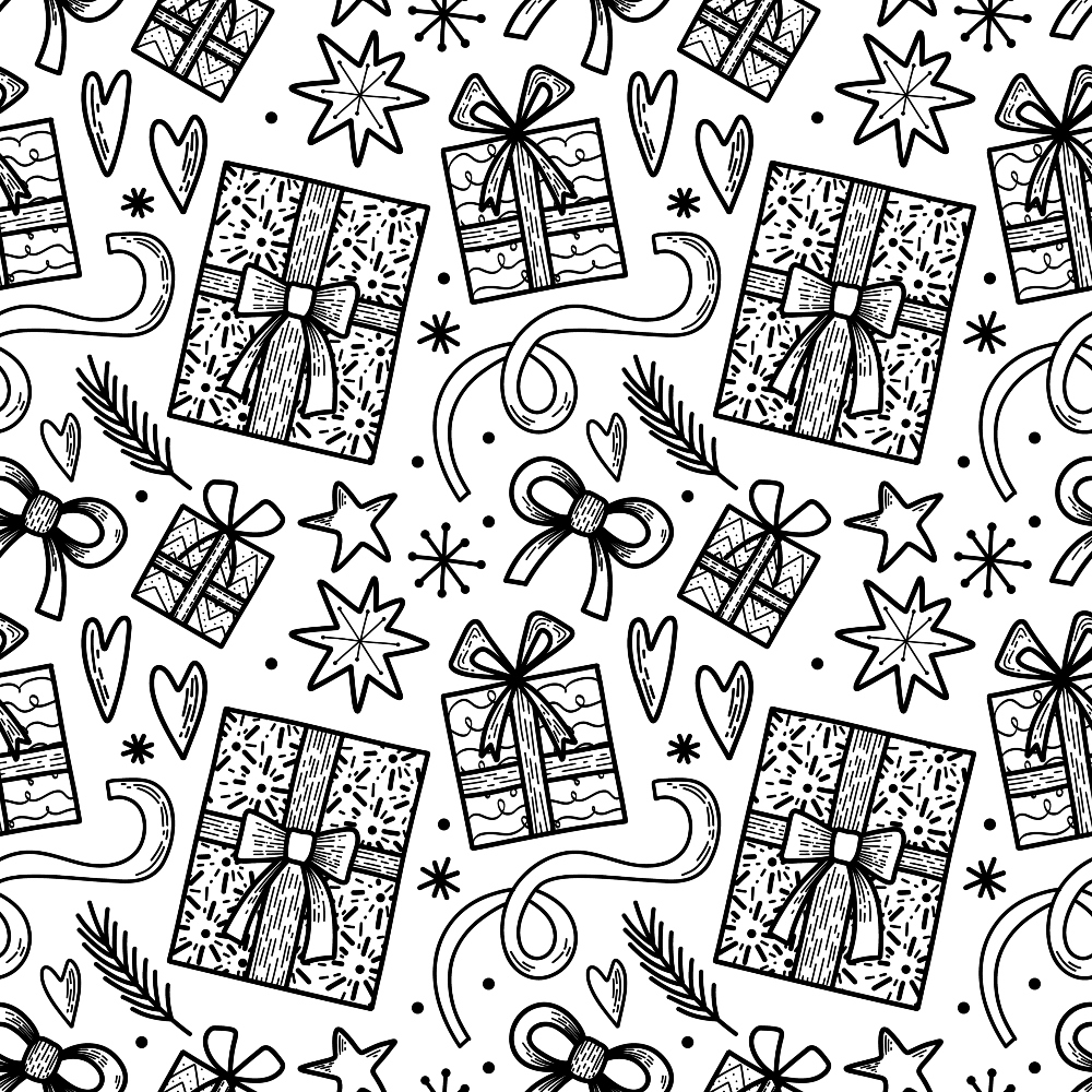 Black and White Christmas Sketches Pattern 3 Quilting Cotton Fabric